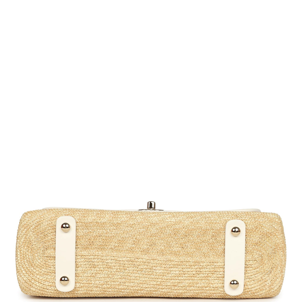 Chanel Large Flap Bag Beige Raffia and White Lambskin Light Gold Hardware