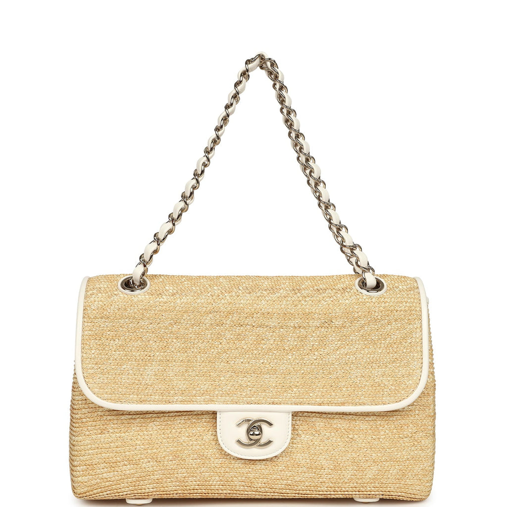 Chanel Large Flap Bag Beige Raffia and White Lambskin Light Gold Hardware