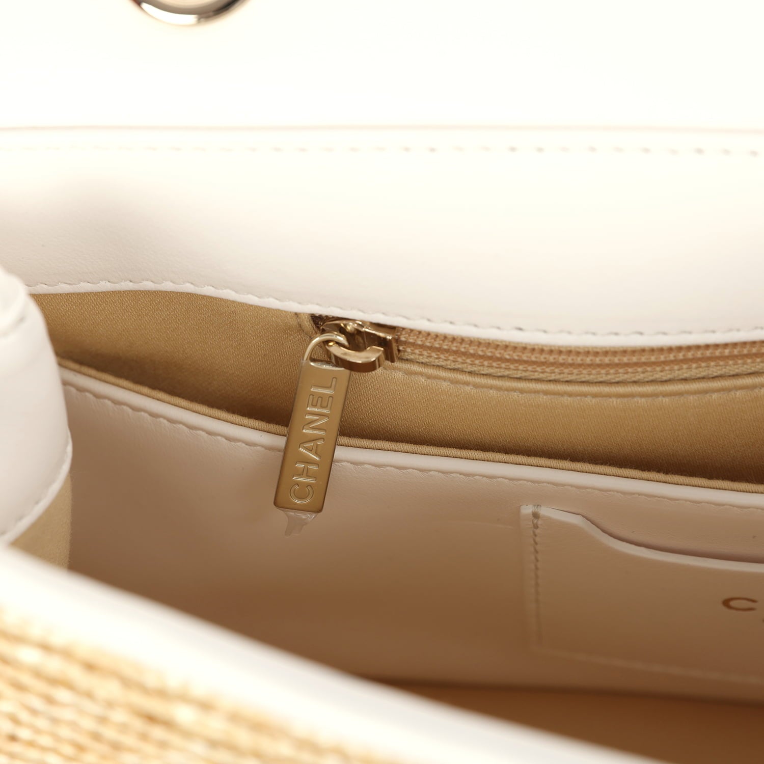 Chanel Large Flap Bag Beige Raffia and White Lambskin Light Gold Hardware