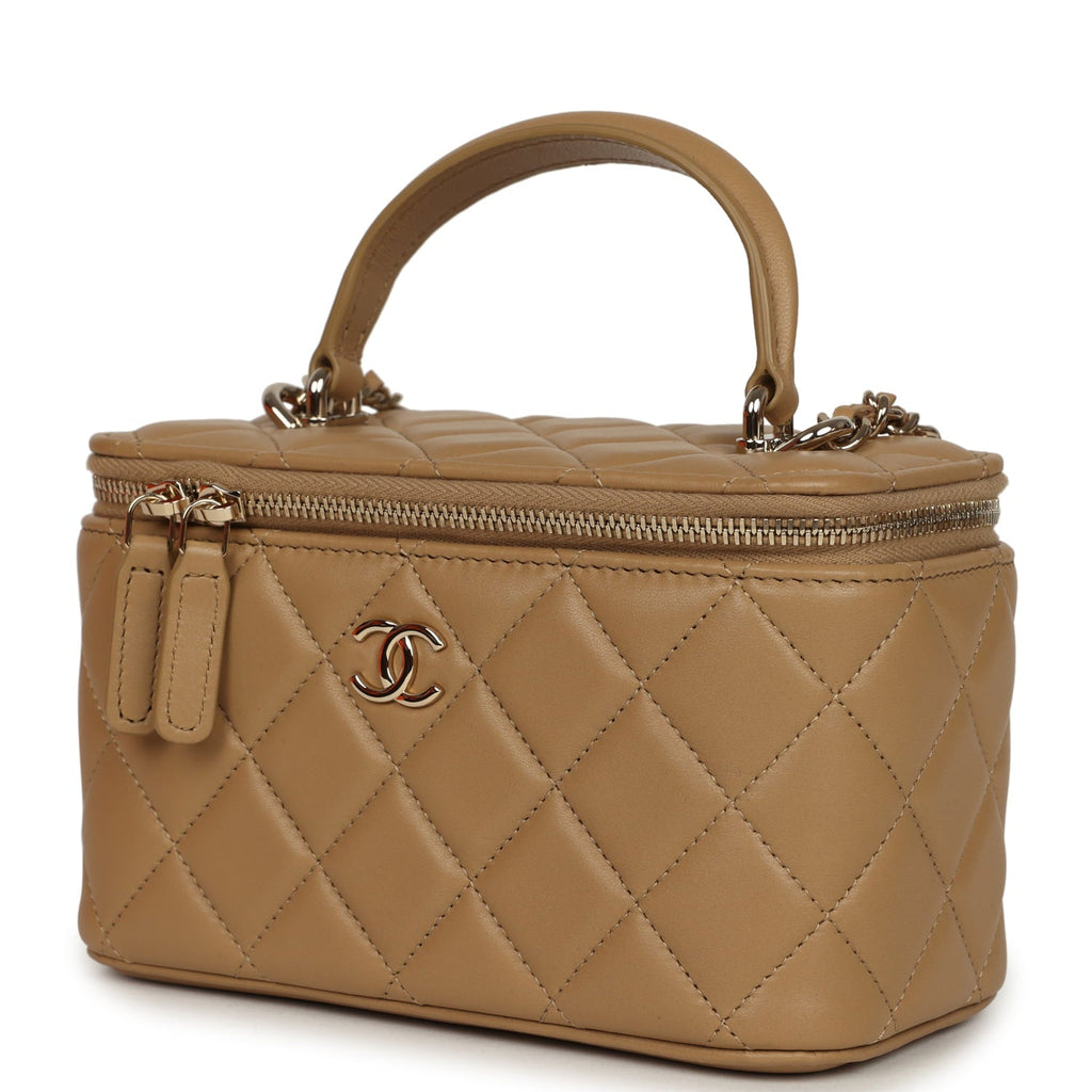 Chanel Small Top Handle Vanity Case Dark Beige Lambskin Light Gold Hardware