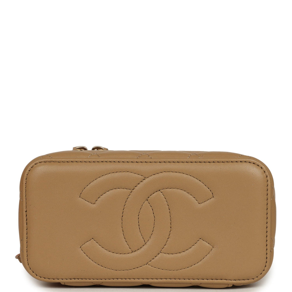 Chanel Small Top Handle Vanity Case Dark Beige Lambskin Light Gold Hardware