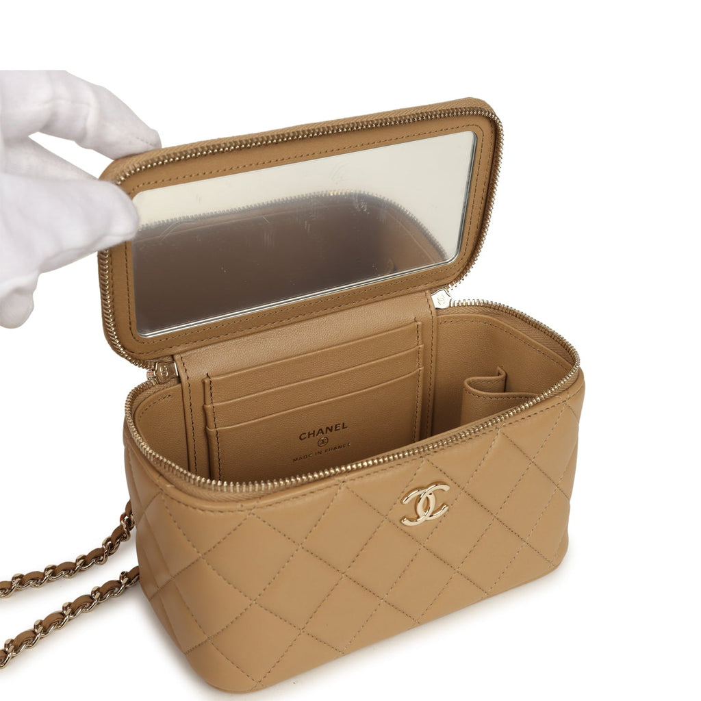 Chanel Small Top Handle Vanity Case Dark Beige Lambskin Light Gold Hardware