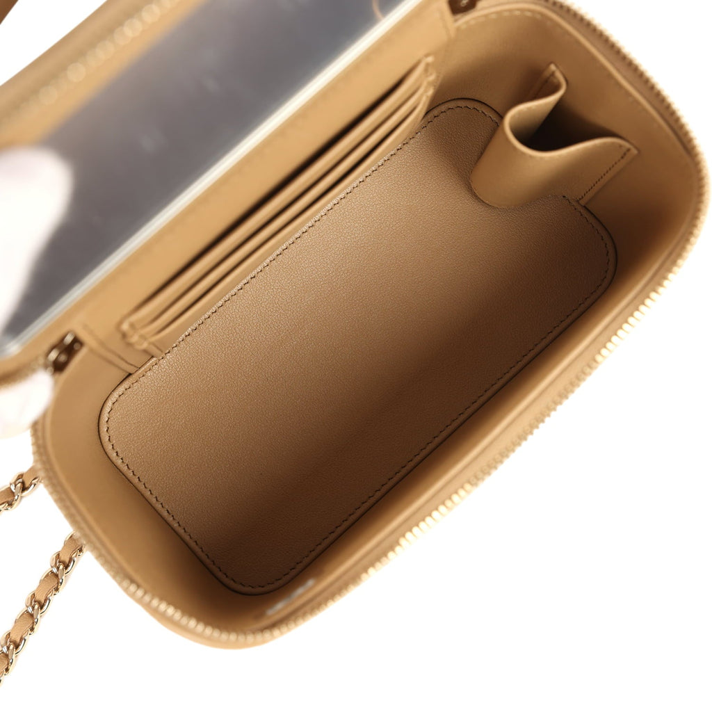 Chanel Small Top Handle Vanity Case Dark Beige Lambskin Light Gold Hardware