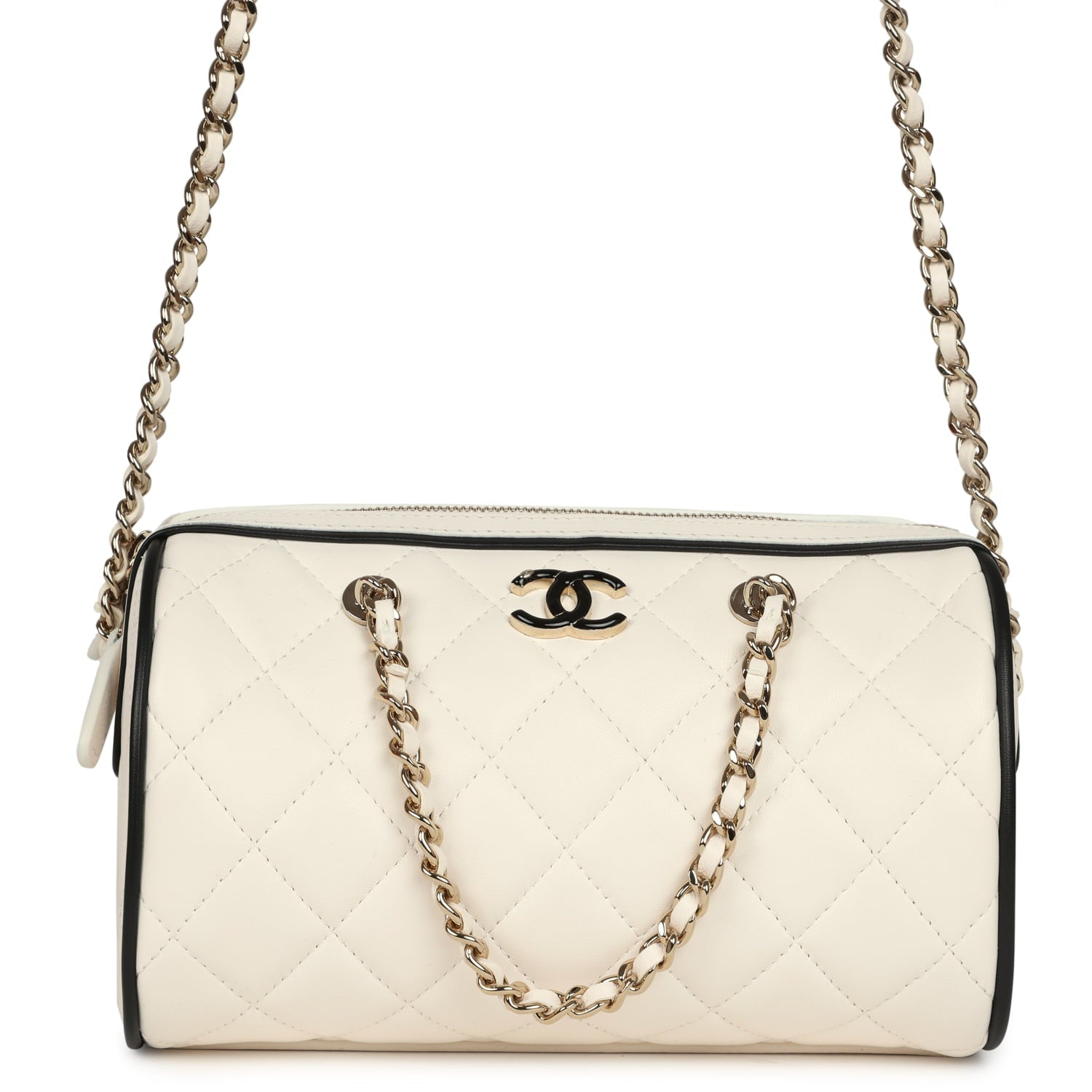Chanel Mini Timeless Classic Barrel Bag with Chain White and Black Lambskin Light Gold Hardware