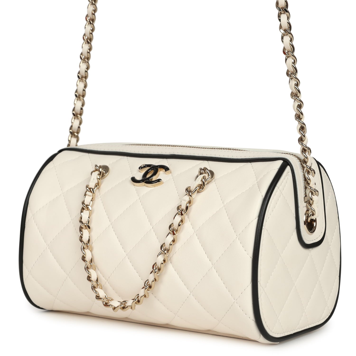Chanel Mini Timeless Classic Barrel Bag with Chain White and Black Lambskin Light Gold Hardware