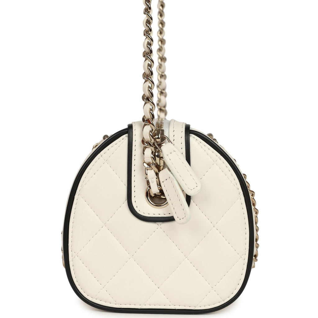 Chanel Mini Timeless Classic Barrel Bag with Chain White and Black Lambskin Light Gold Hardware