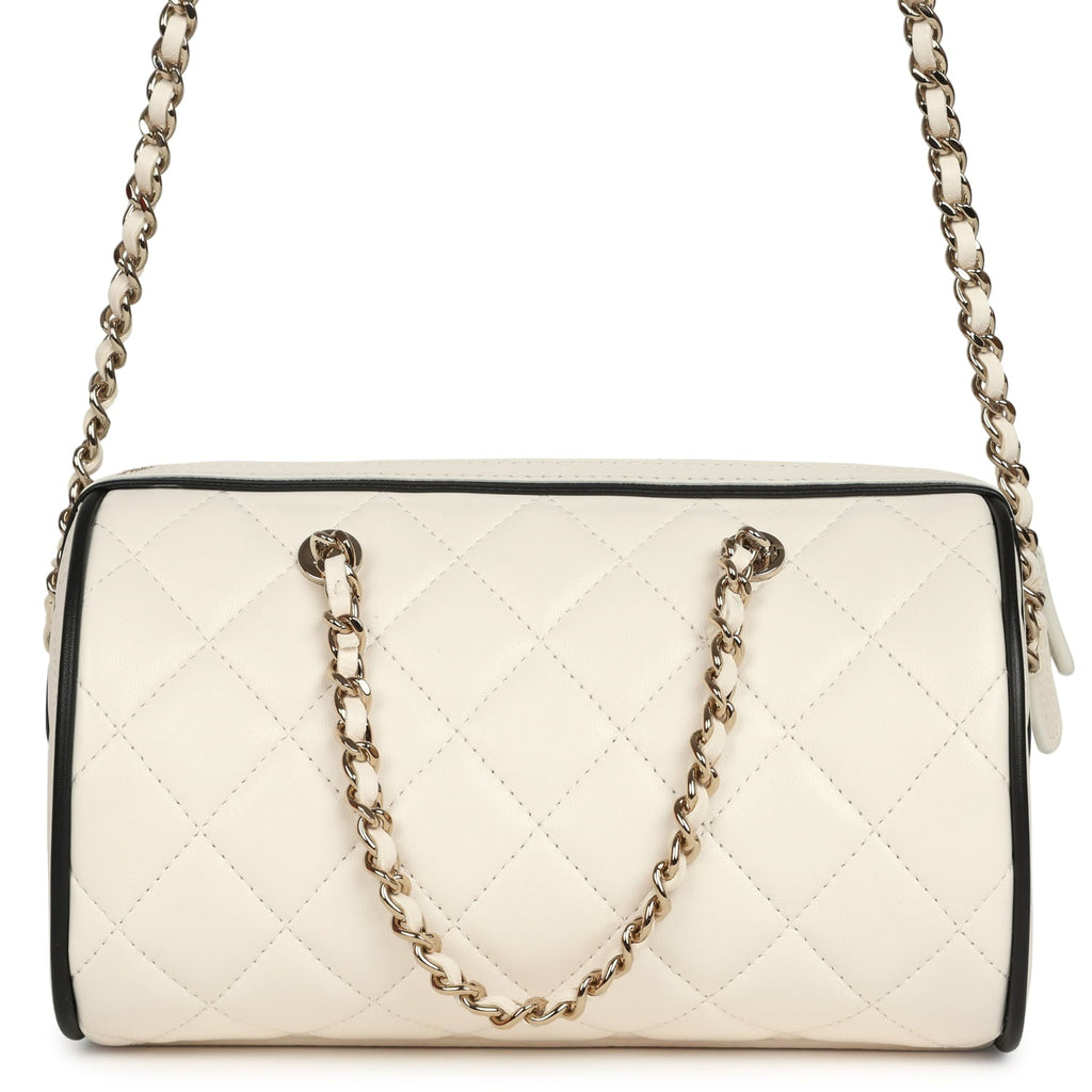 Chanel Mini Timeless Classic Barrel Bag with Chain White and Black Lambskin Light Gold Hardware