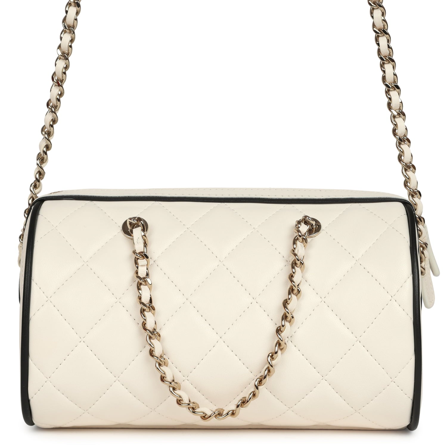 Chanel Mini Timeless Classic Barrel Bag with Chain White and Black Lambskin Light Gold Hardware