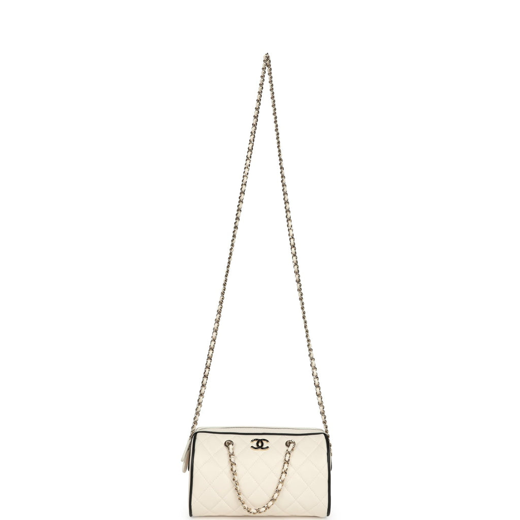 Chanel Mini Timeless Classic Barrel Bag with Chain White and Black Lambskin Light Gold Hardware