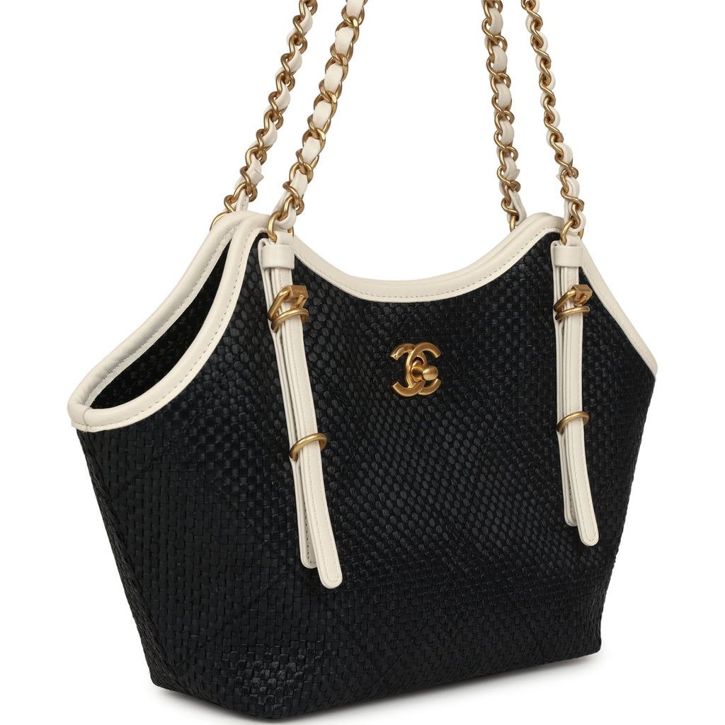 Chanel Small Coco Shopping Bag Black Raffia and White Calfskin Antique Gold Hardware
