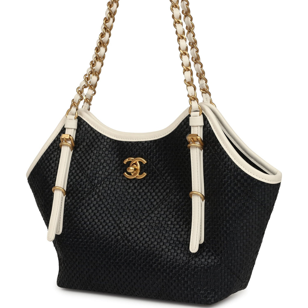Chanel Small Coco Shopping Bag Black Raffia and White Calfskin Antique Gold Hardware