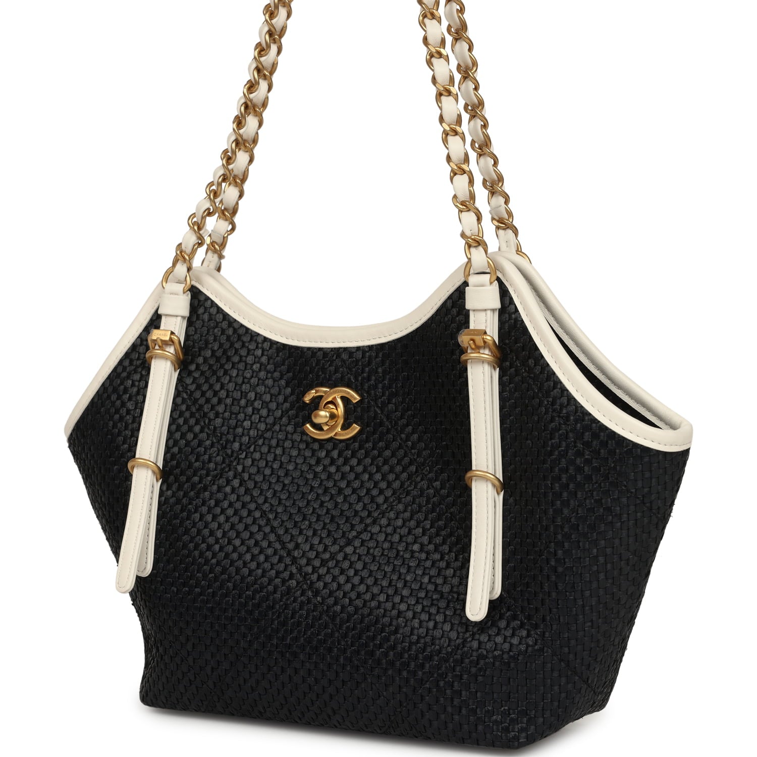 Chanel Small Coco Shopping Bag Black Raffia and White Calfskin Antique Gold Hardware