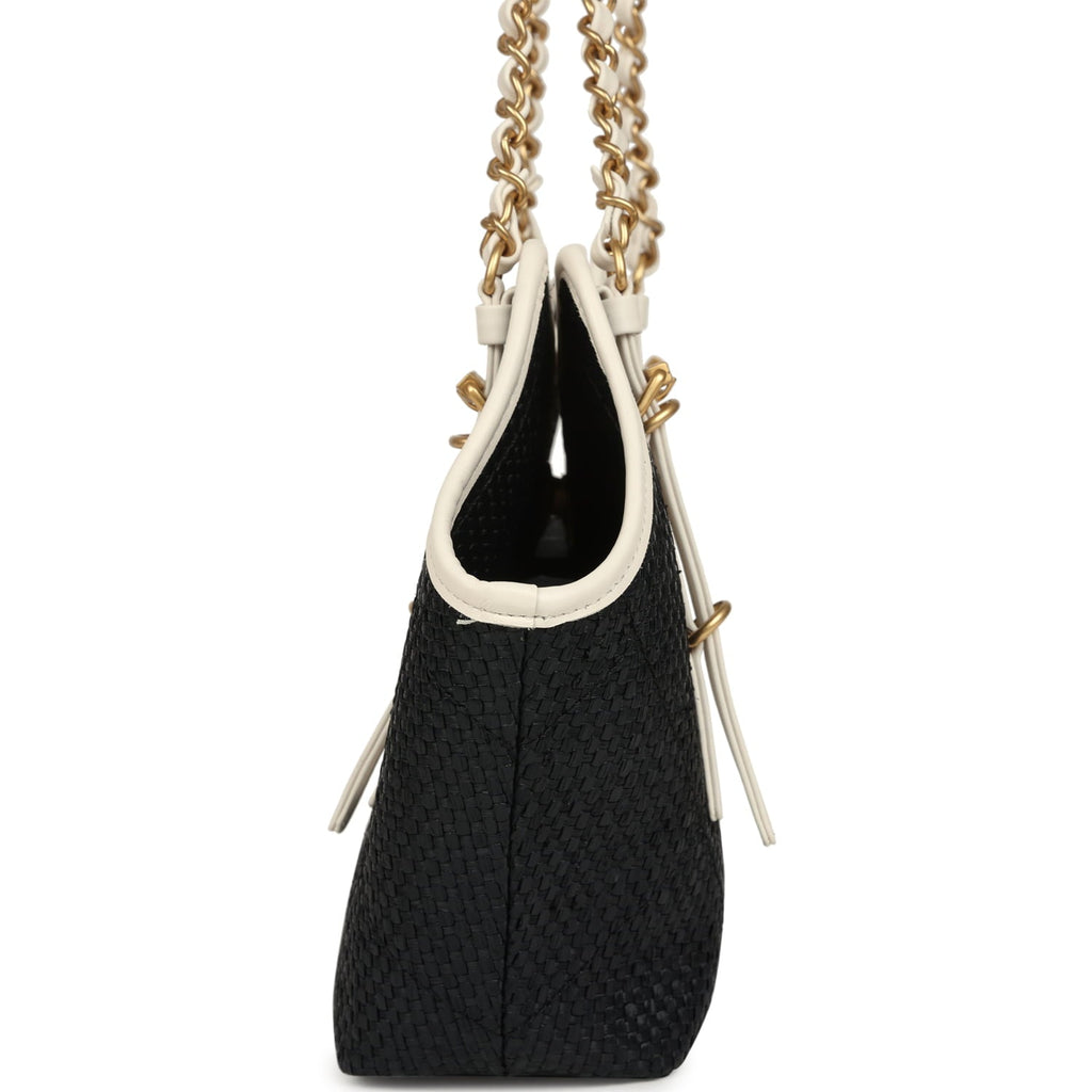 Chanel Small Coco Shopping Bag Black Raffia and White Calfskin Antique Gold Hardware