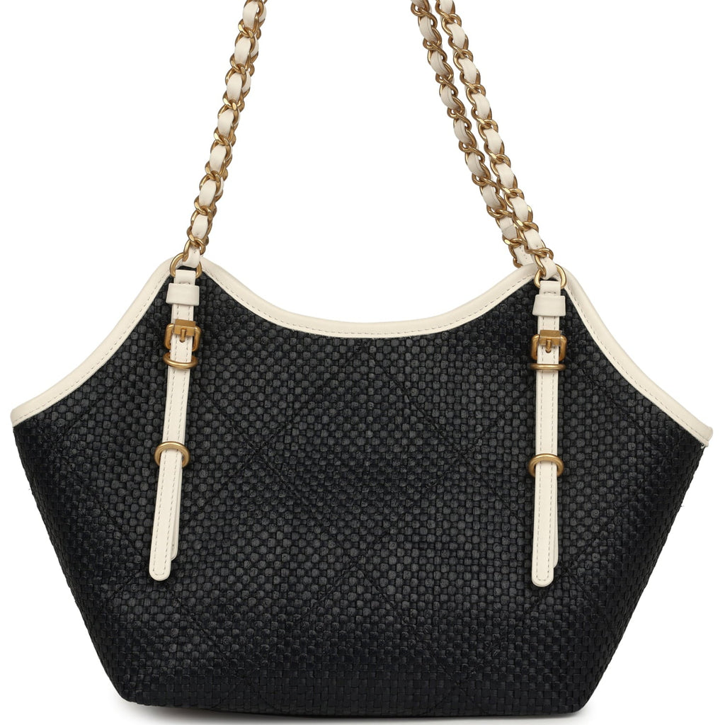 Chanel Small Coco Shopping Bag Black Raffia and White Calfskin Antique Gold Hardware