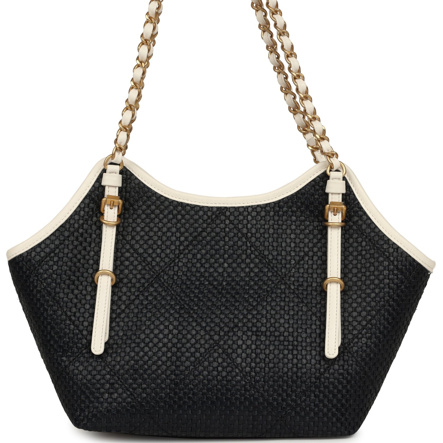Chanel Small Coco Shopping Bag Black Raffia and White Calfskin Antique Gold Hardware