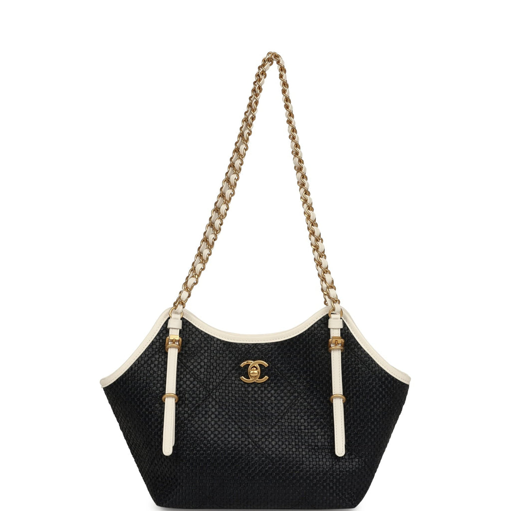 Chanel Small Coco Shopping Bag Black Raffia and White Calfskin Antique Gold Hardware