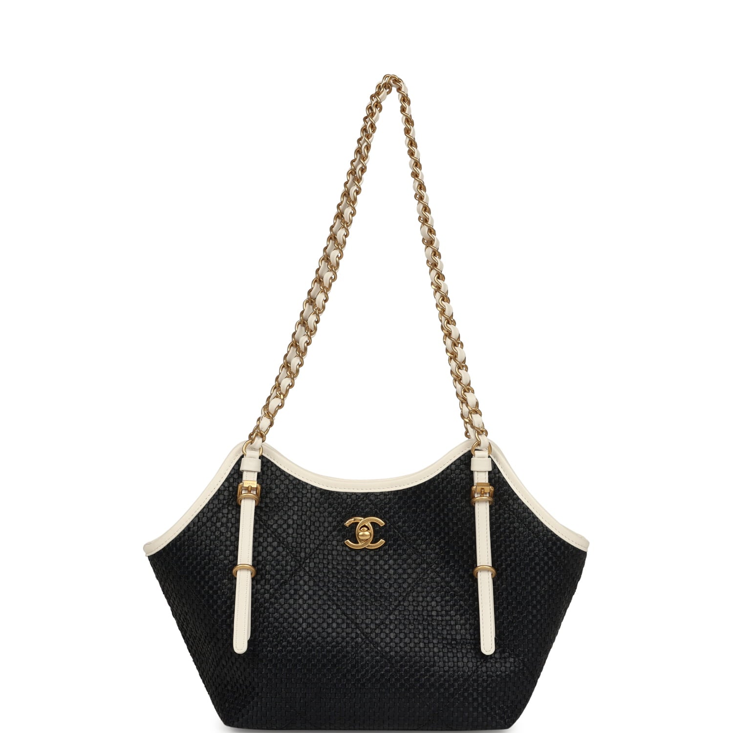 Chanel Small Coco Shopping Bag Black Raffia and White Calfskin Antique Gold Hardware