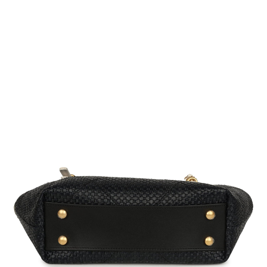 Chanel Small Coco Shopping Bag Black Raffia and White Calfskin Antique Gold Hardware
