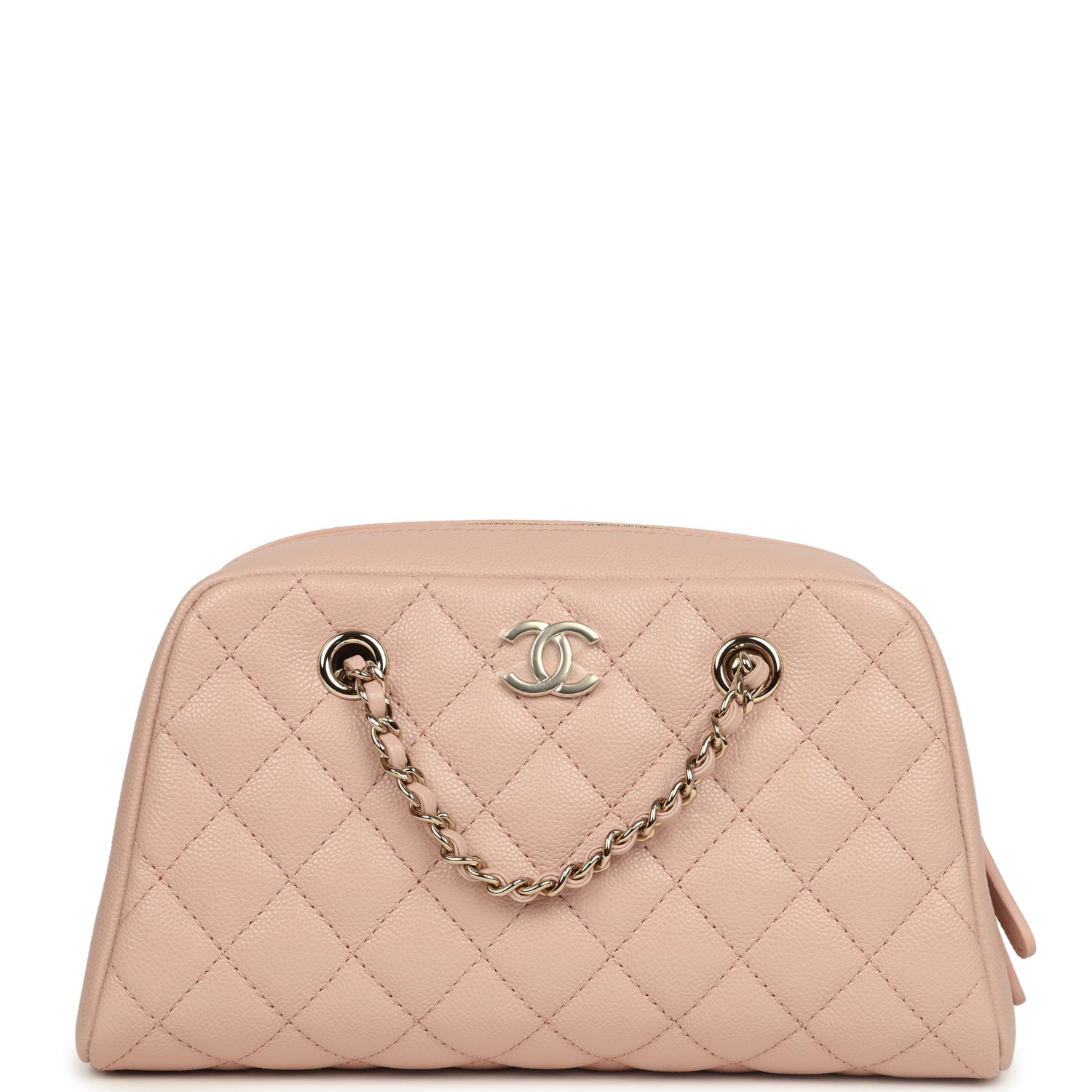 Chanel Small Bowling Clutch with Chain Straps Pink Shiny Caviar Light Gold Hardware