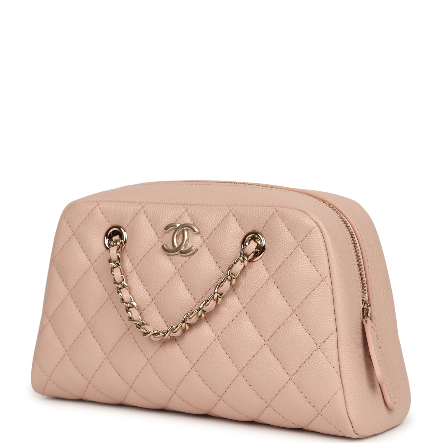 Chanel Small Bowling Clutch with Chain Straps Pink Shiny Caviar Light Gold Hardware