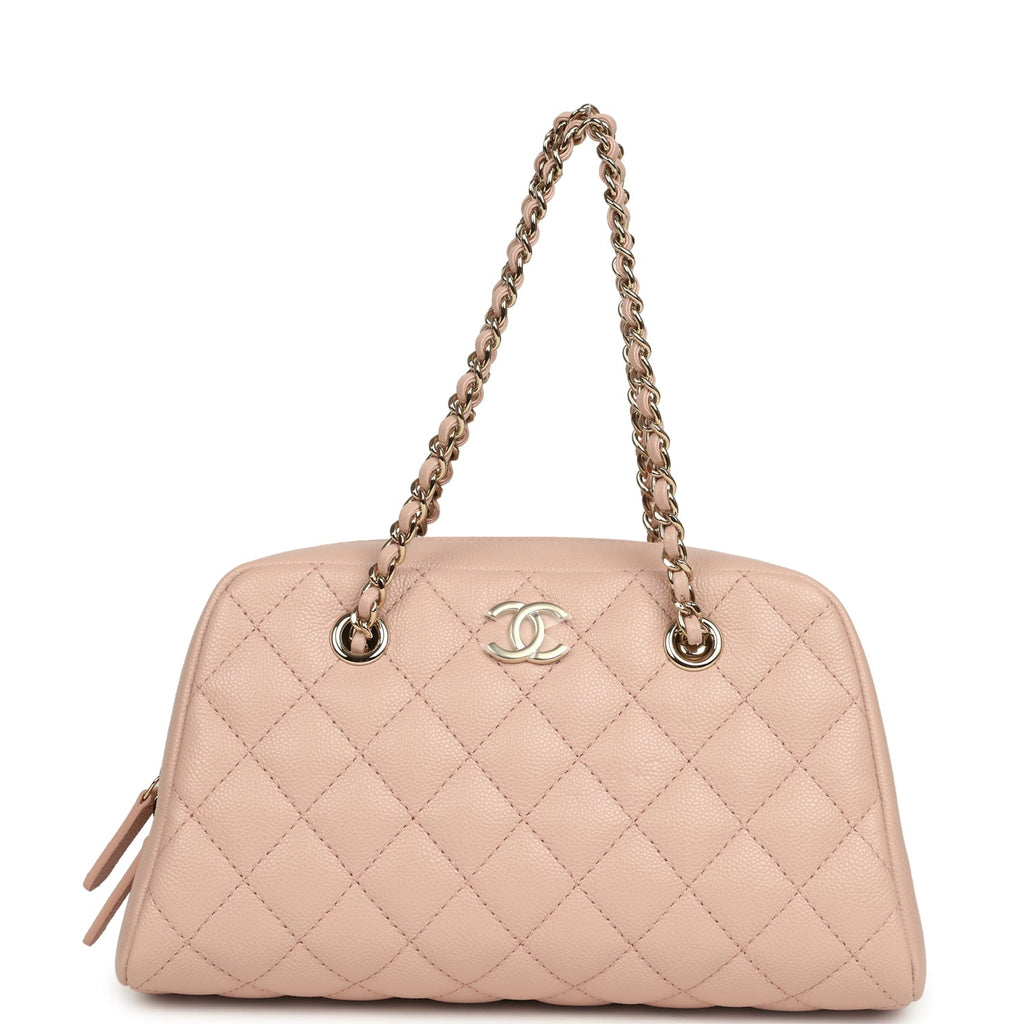 Chanel Small Bowling Clutch with Chain Straps Pink Shiny Caviar Light Gold Hardware