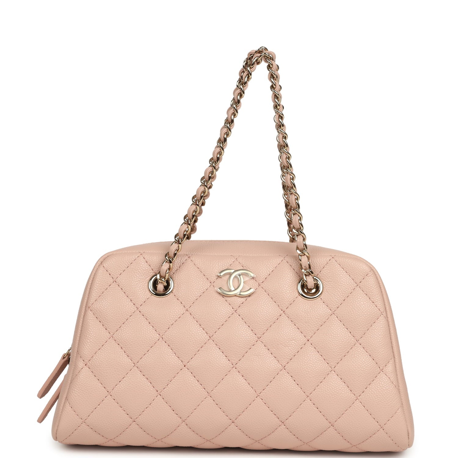 Chanel Small Bowling Clutch with Chain Straps Pink Shiny Caviar Light Gold Hardware