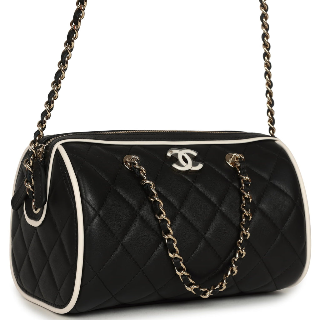 Chanel Mini Timeless Classic Barrel Bag with Chain Black and White Lambskin Light Gold Hardware