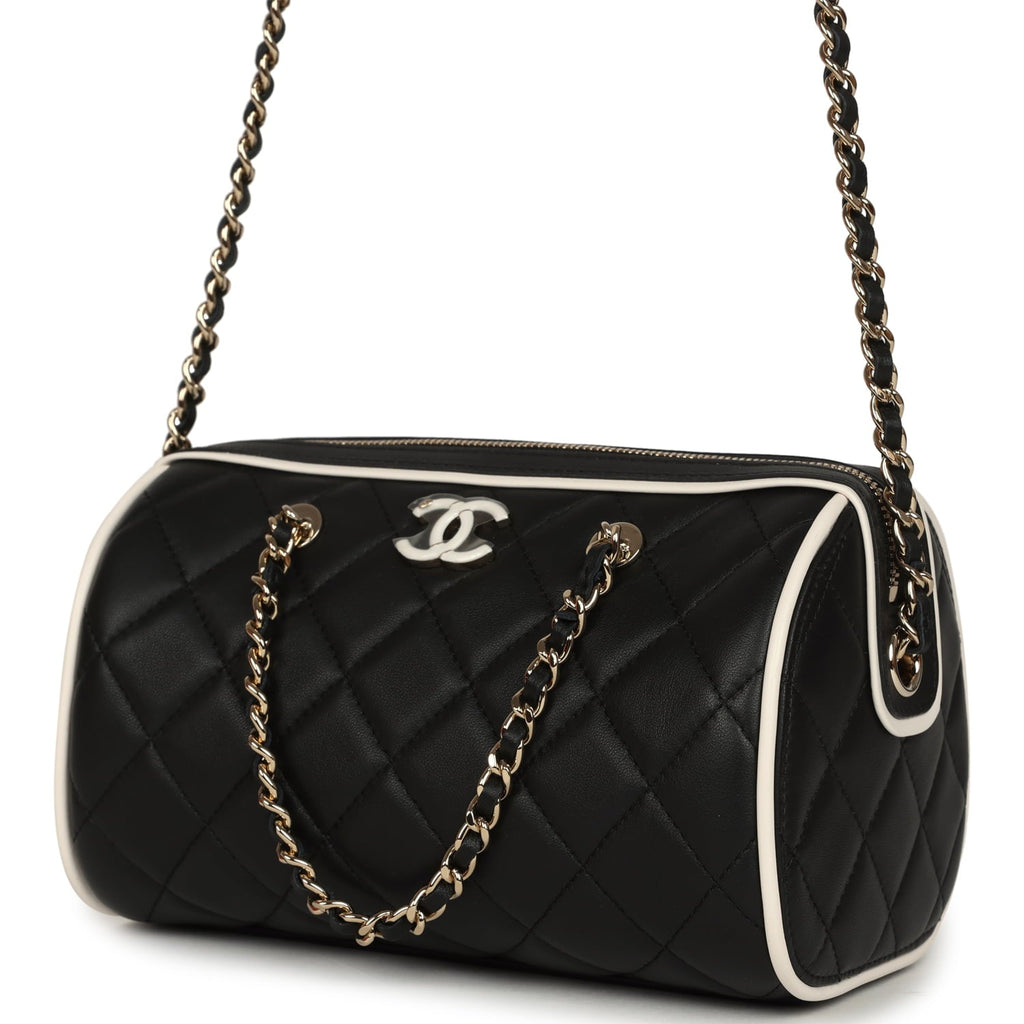 Chanel Mini Timeless Classic Barrel Bag with Chain Black and White Lambskin Light Gold Hardware