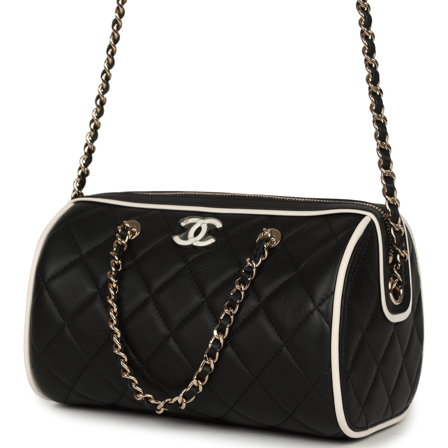 Chanel Mini Timeless Classic Barrel Bag with Chain Black and White Lambskin Light Gold Hardware