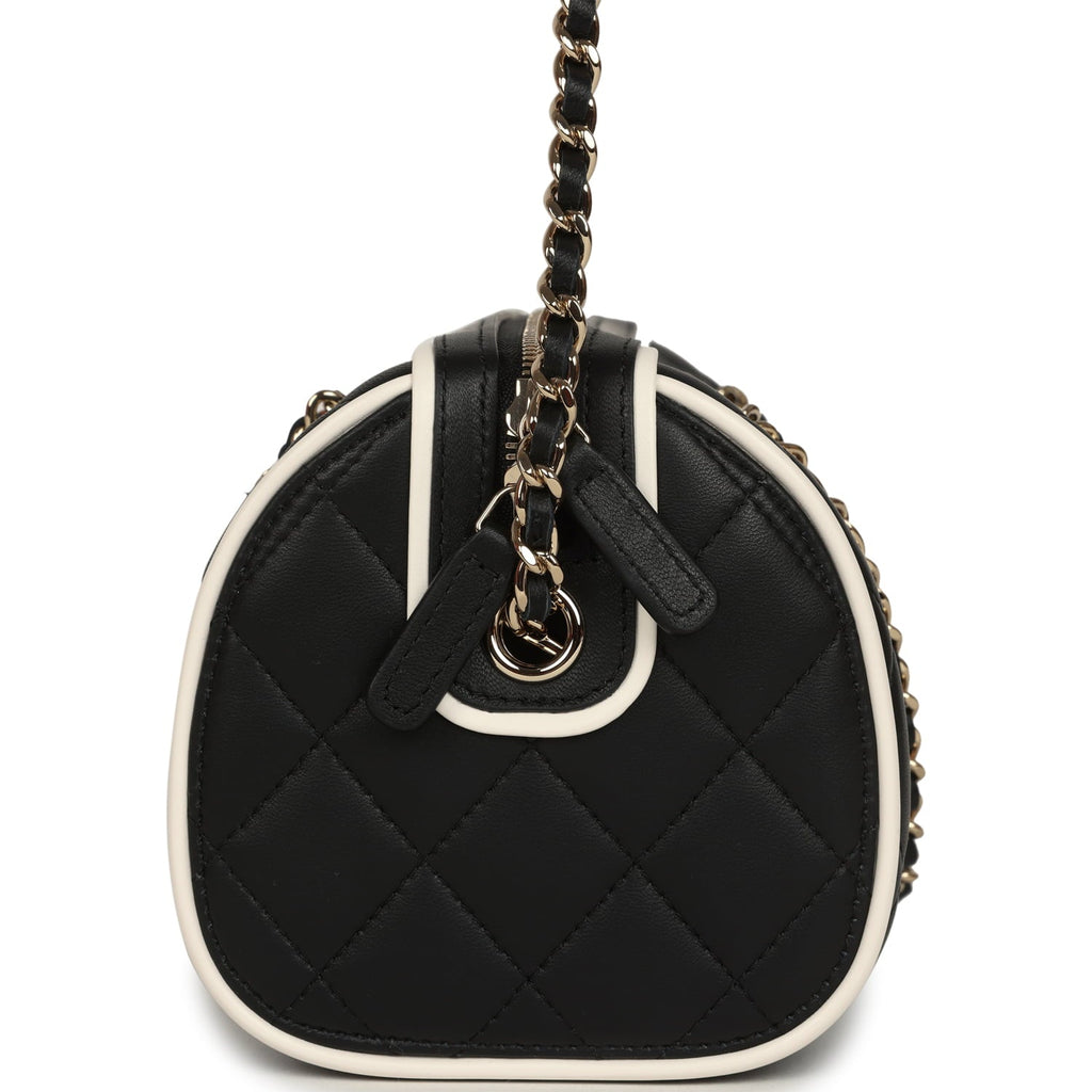 Chanel Mini Timeless Classic Barrel Bag with Chain Black and White Lambskin Light Gold Hardware