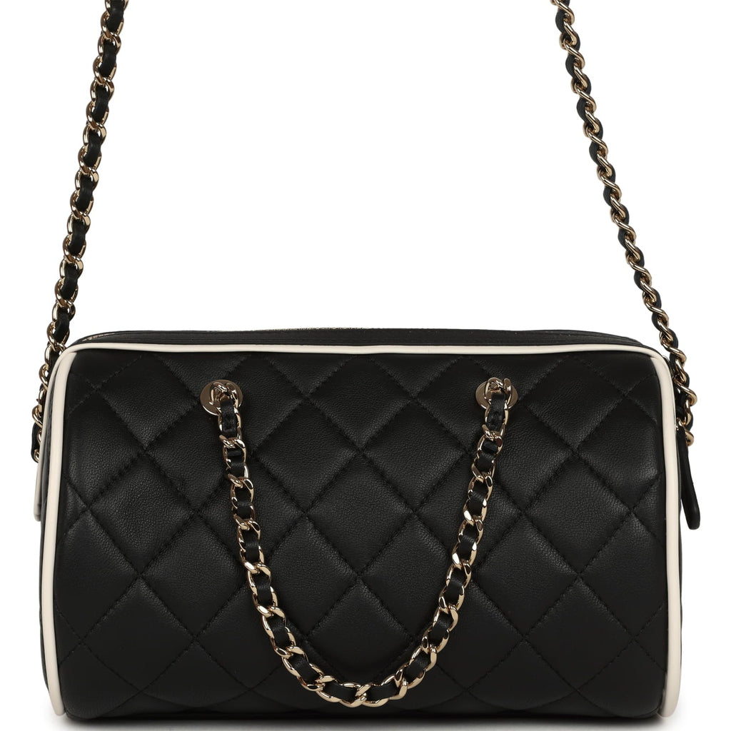 Chanel Mini Timeless Classic Barrel Bag with Chain Black and White Lambskin Light Gold Hardware