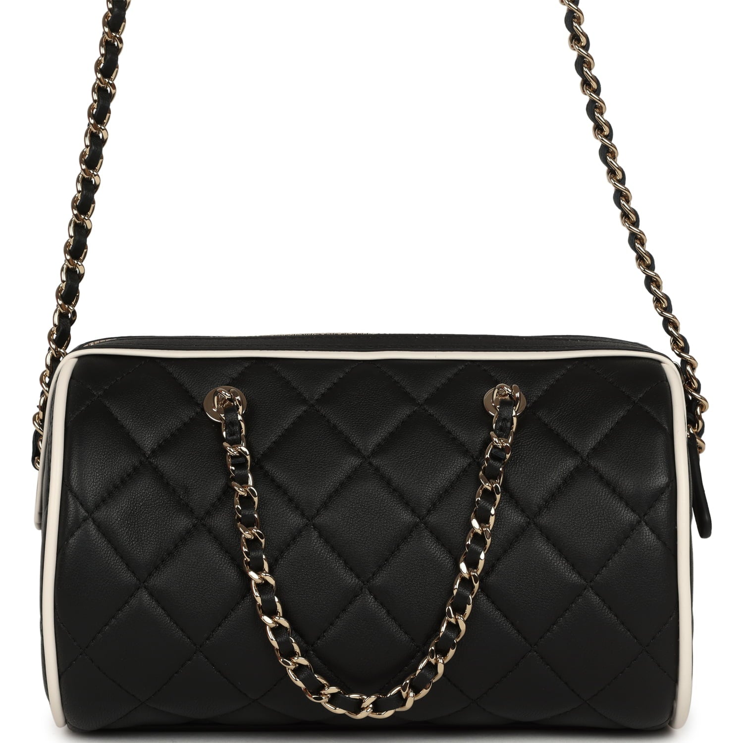 Chanel Mini Timeless Classic Barrel Bag with Chain Black and White Lambskin Light Gold Hardware