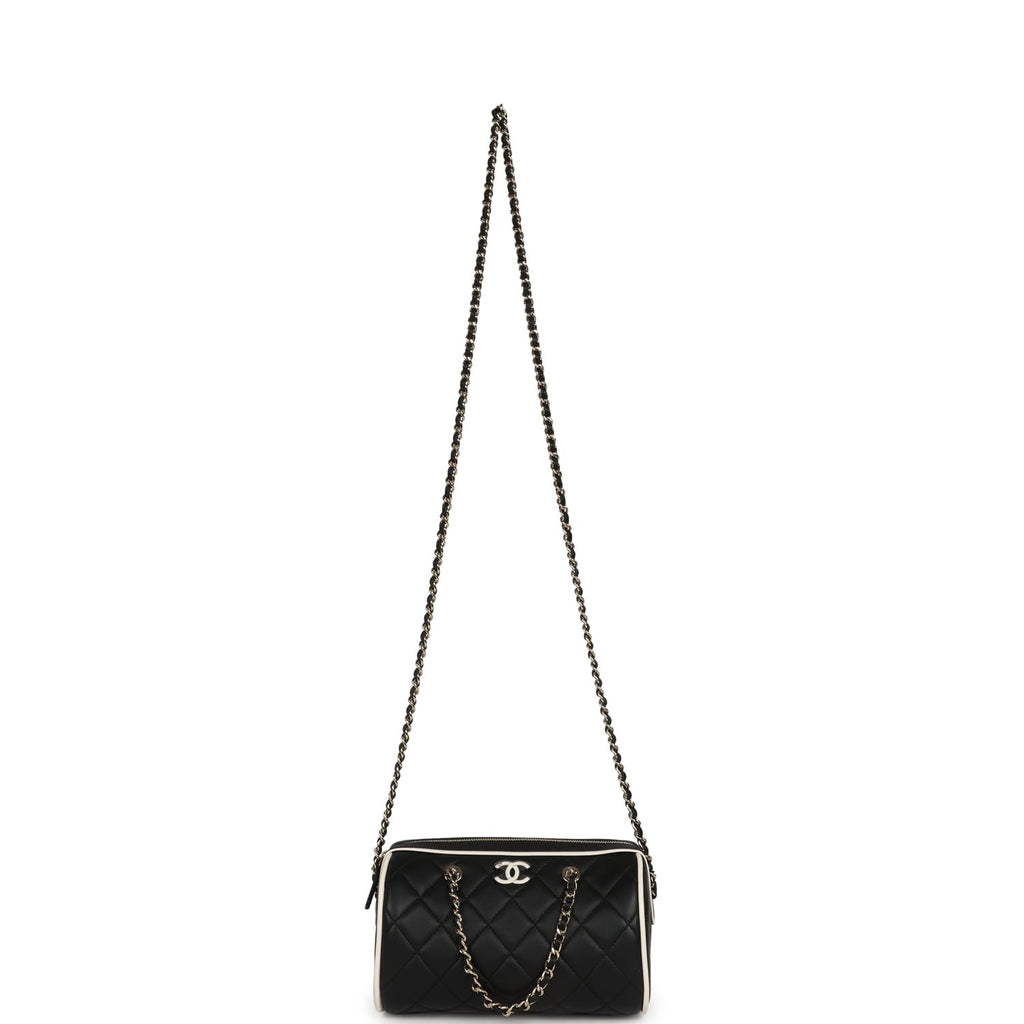 Chanel Mini Timeless Classic Barrel Bag with Chain Black and White Lambskin Light Gold Hardware
