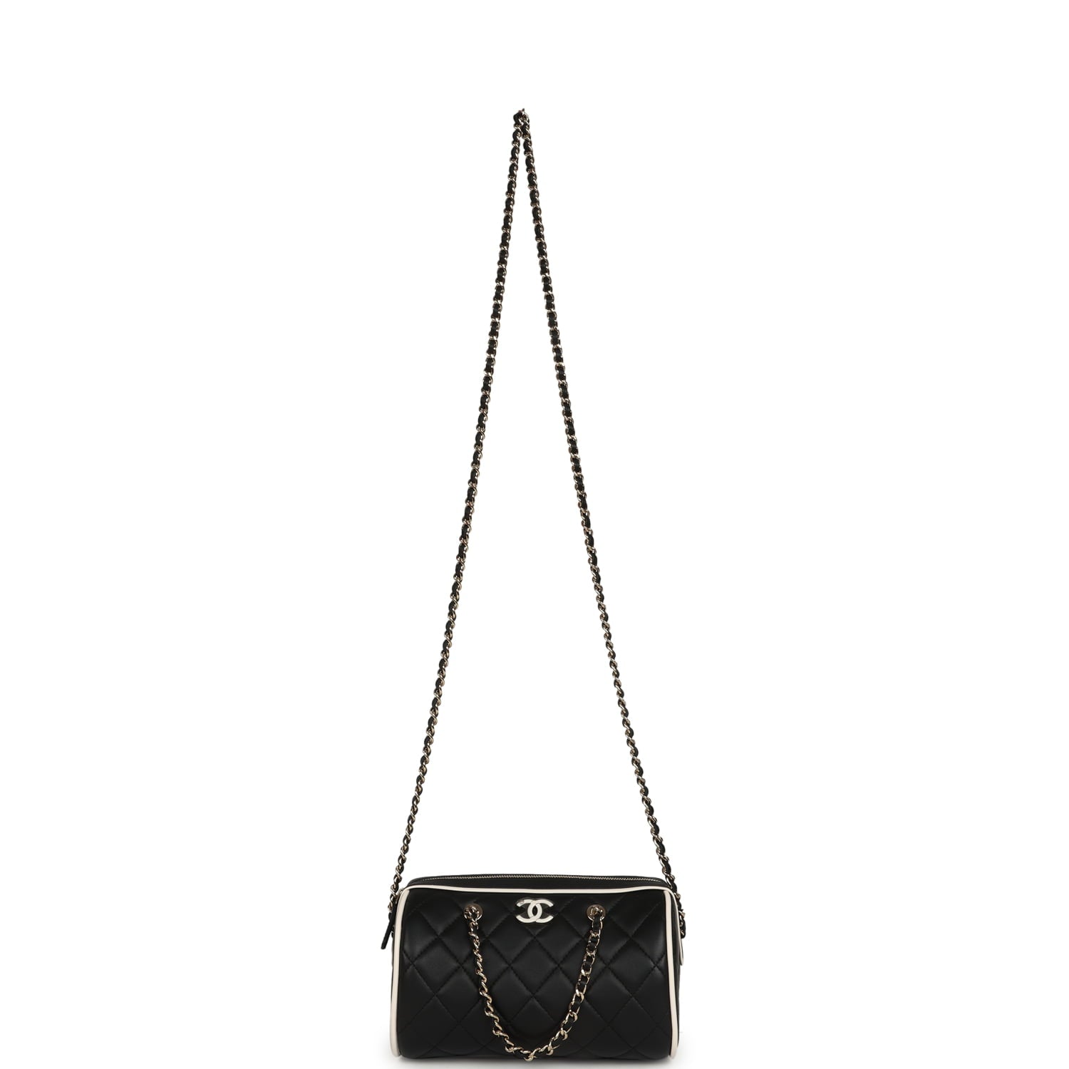 Chanel Mini Timeless Classic Barrel Bag with Chain Black and White Lambskin Light Gold Hardware