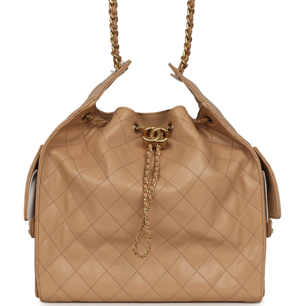 Chanel Medium 25 Hobo Bag Beige Caviar Antique Gold Hardware
