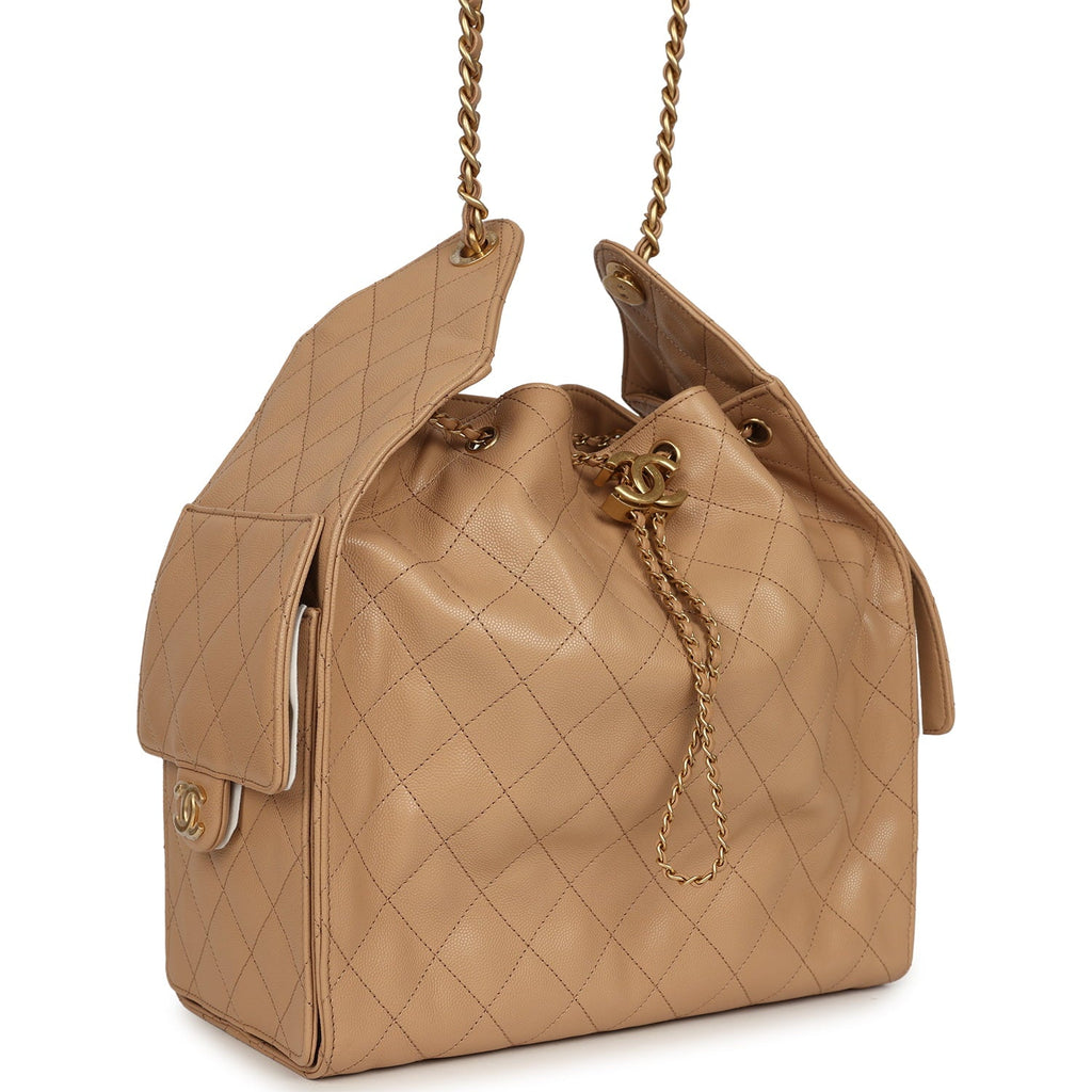 Chanel Medium 25 Hobo Bag Beige Caviar Antique Gold Hardware