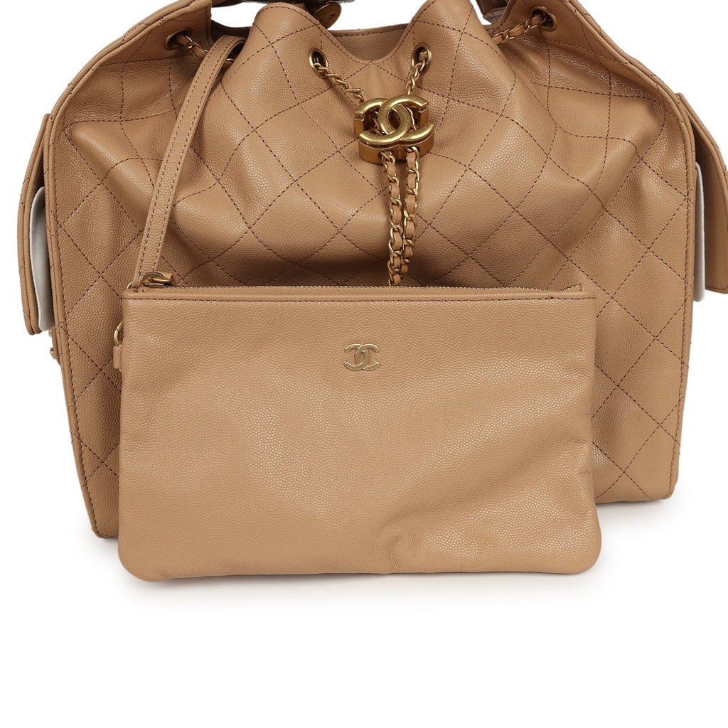 Chanel Medium 25 Hobo Bag Beige Caviar Antique Gold Hardware