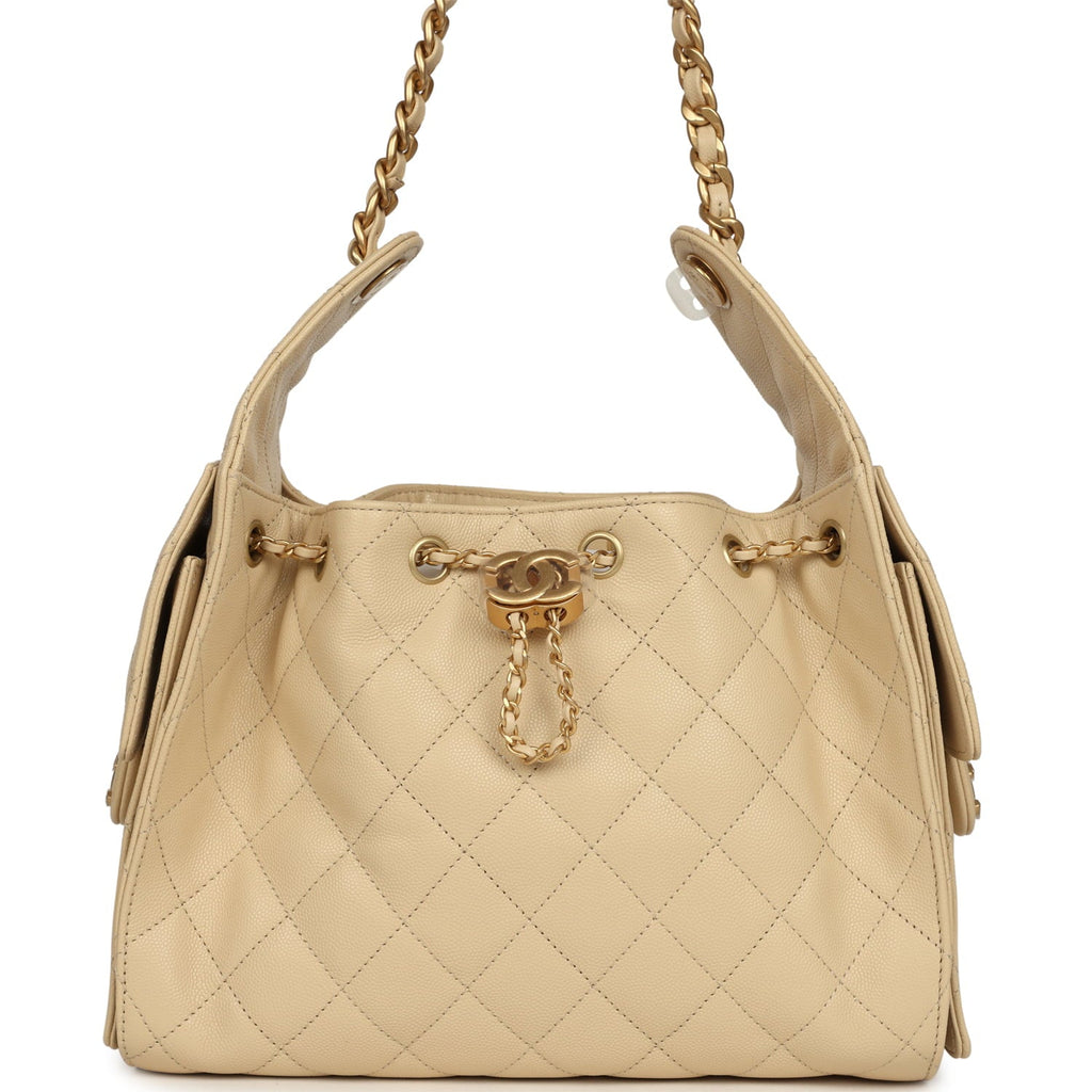Chanel Small 25 Hobo Bag Light Beige Caviar Antique Gold Hardware