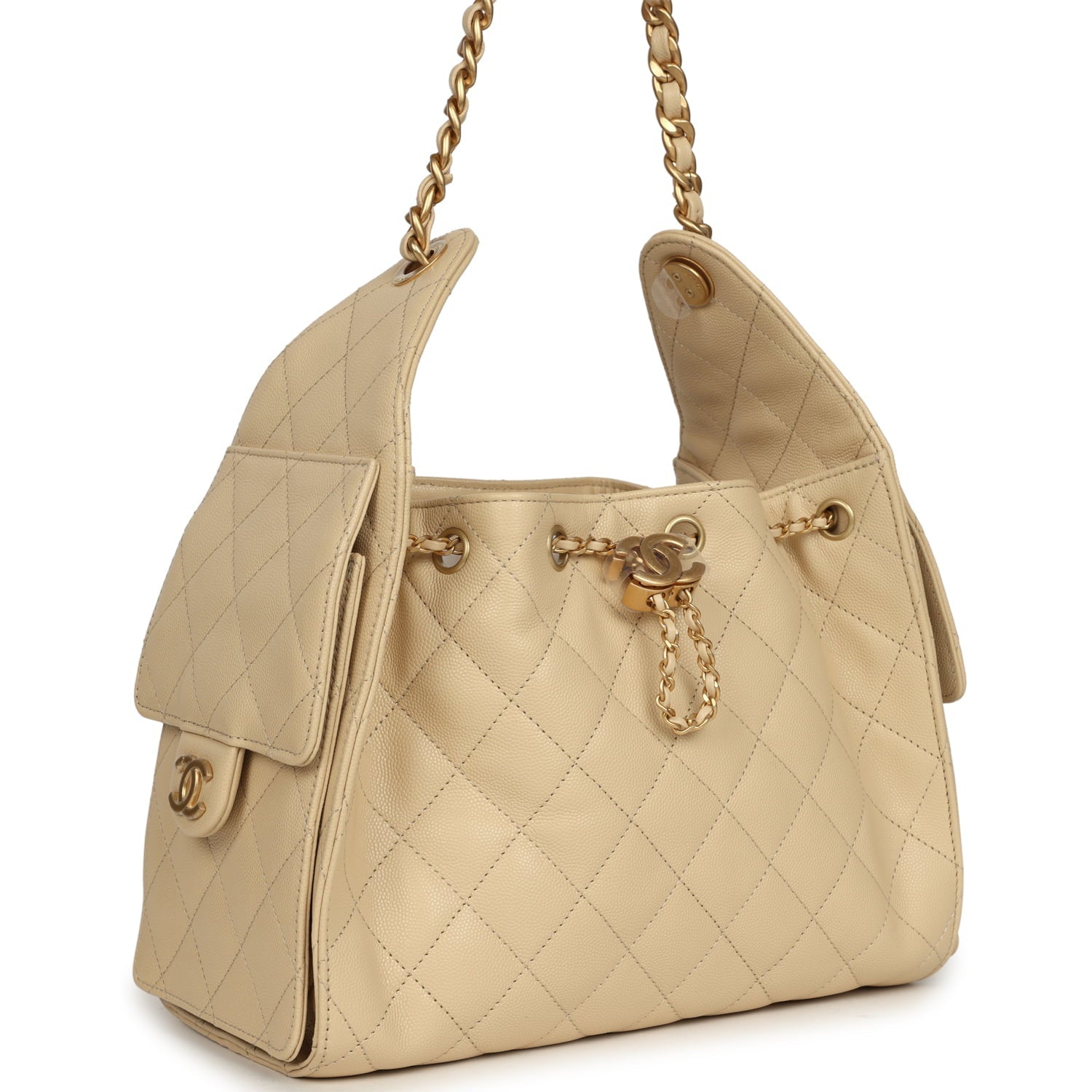 Chanel Small 25 Hobo Bag Light Beige Caviar Antique Gold Hardware