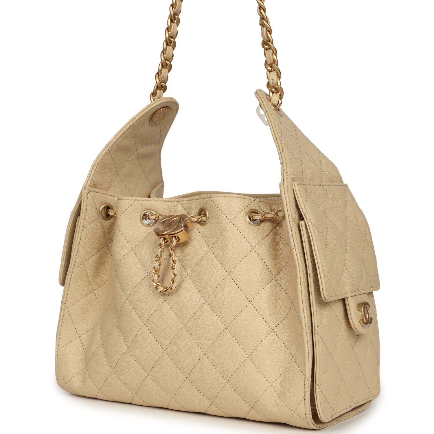 Chanel Small 25 Hobo Bag Light Beige Caviar Antique Gold Hardware