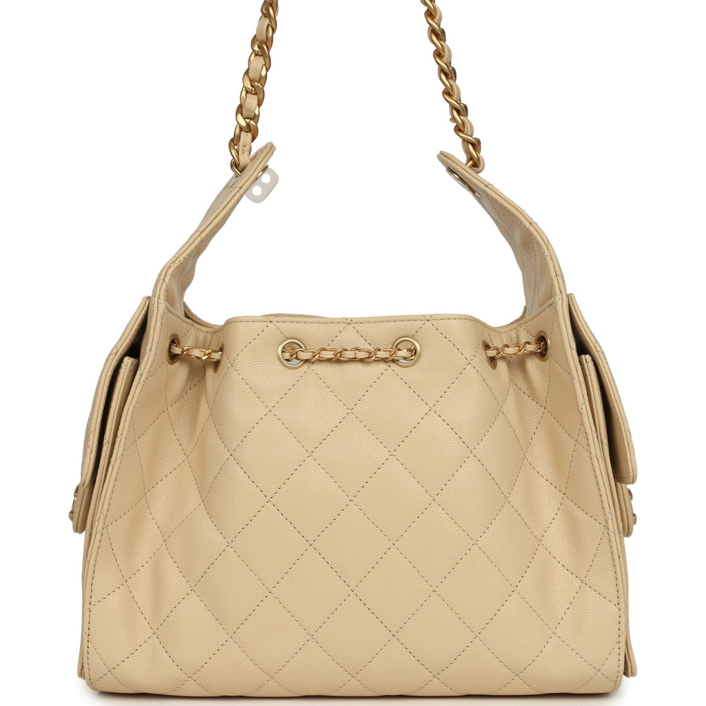 Chanel Small 25 Hobo Bag Light Beige Caviar Antique Gold Hardware