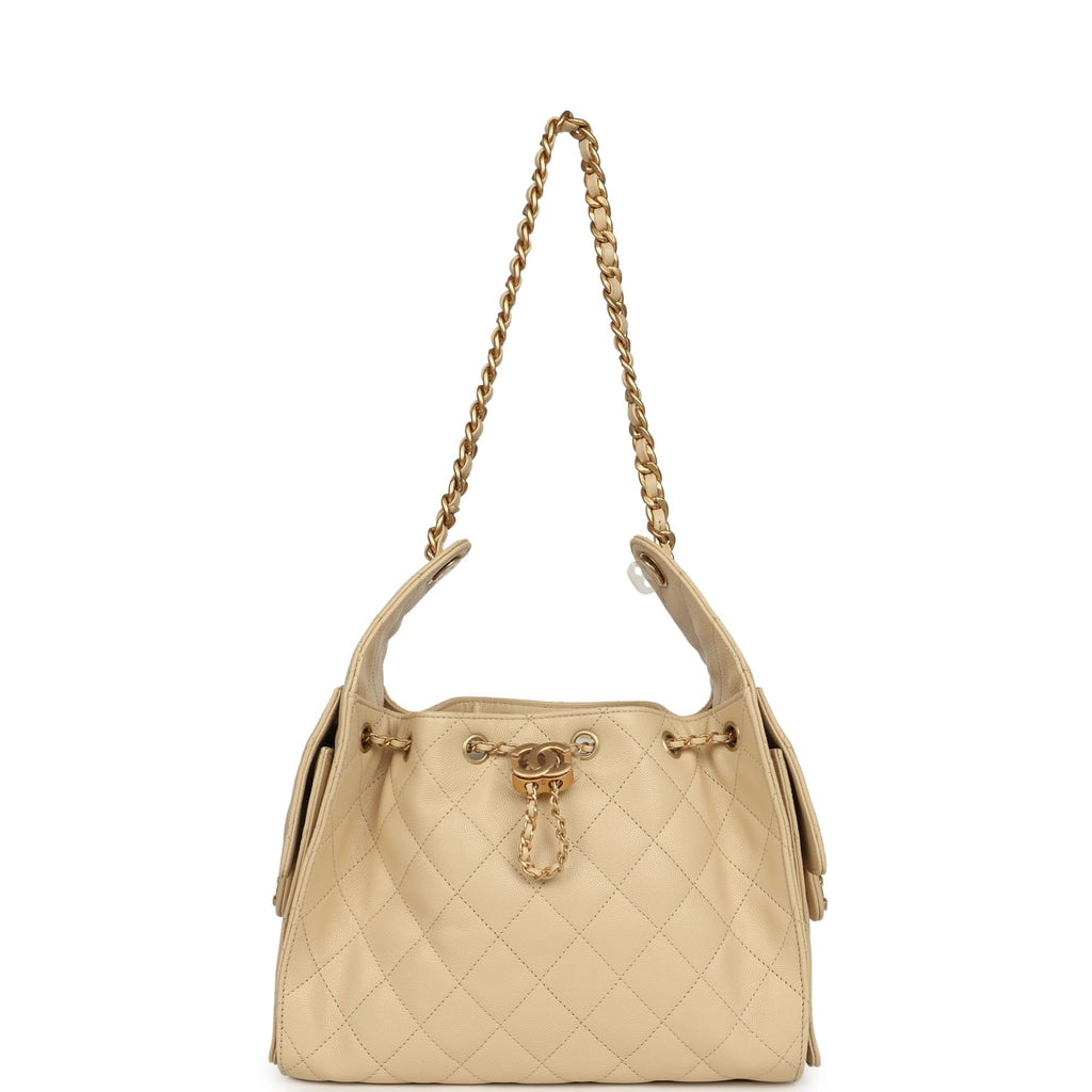 Chanel Small 25 Hobo Bag Light Beige Caviar Antique Gold Hardware