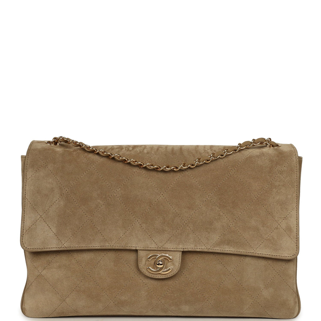 Chanel Maxi "Souplissimo" Large Flap Bag Dark Beige Suede Gold Hardware