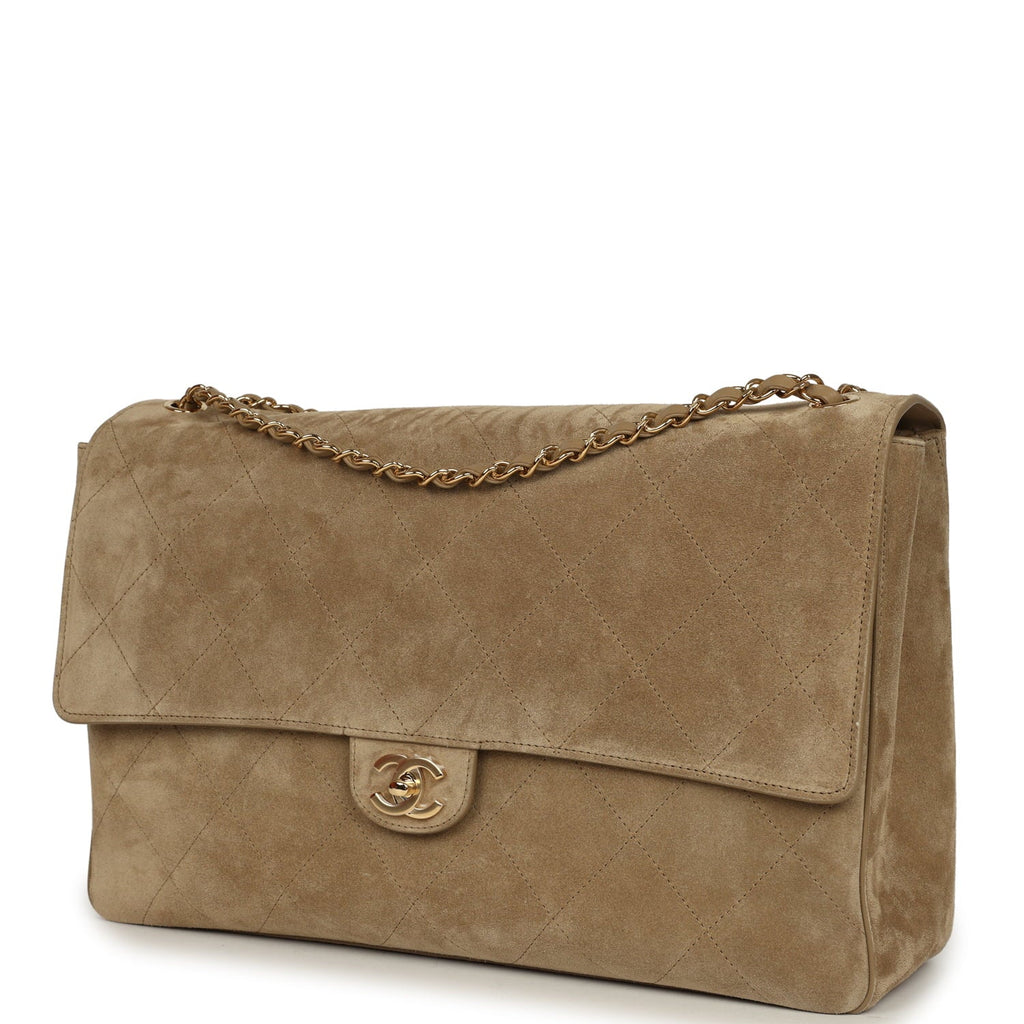 Chanel Maxi "Souplissimo" Large Flap Bag Dark Beige Suede Gold Hardware