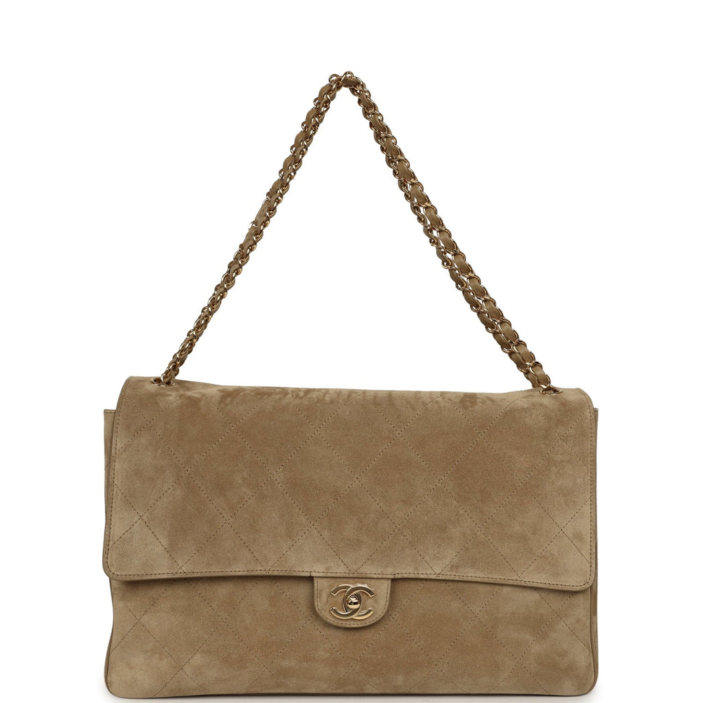 Chanel Maxi "Souplissimo" Large Flap Bag Dark Beige Suede Gold Hardware