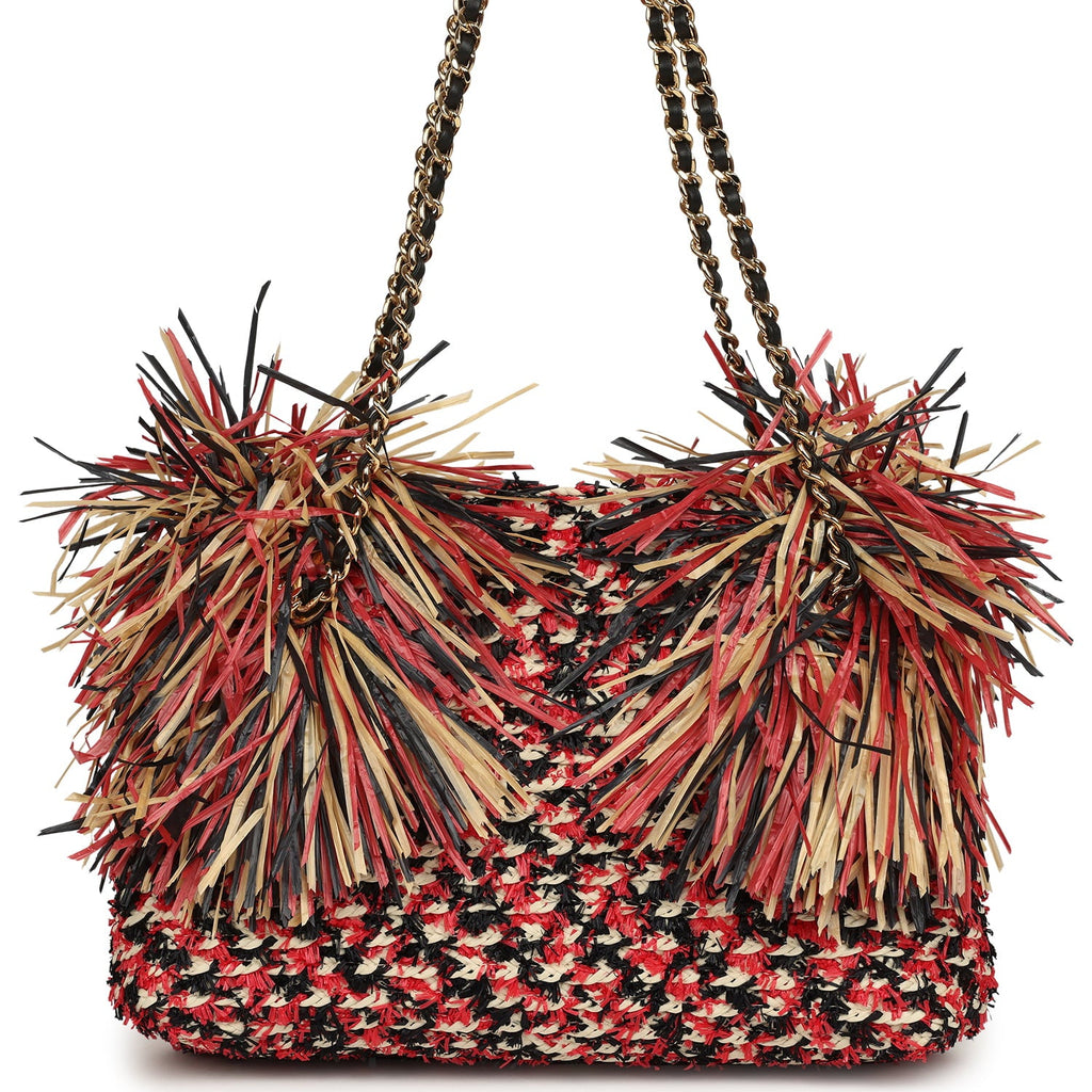 Chanel Small CC Shopping Bag Red, Beige, Black Braided Raffia Gold Hardware