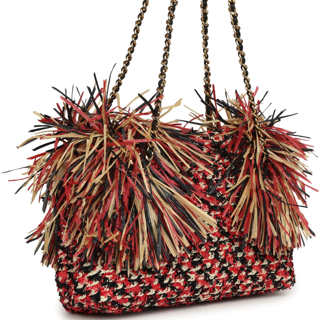 Chanel Small CC Shopping Bag Red, Beige, Black Braided Raffia Gold Hardware