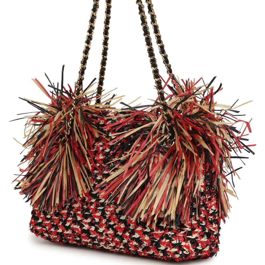 Chanel Small CC Shopping Bag Red, Beige, Black Braided Raffia Gold Hardware