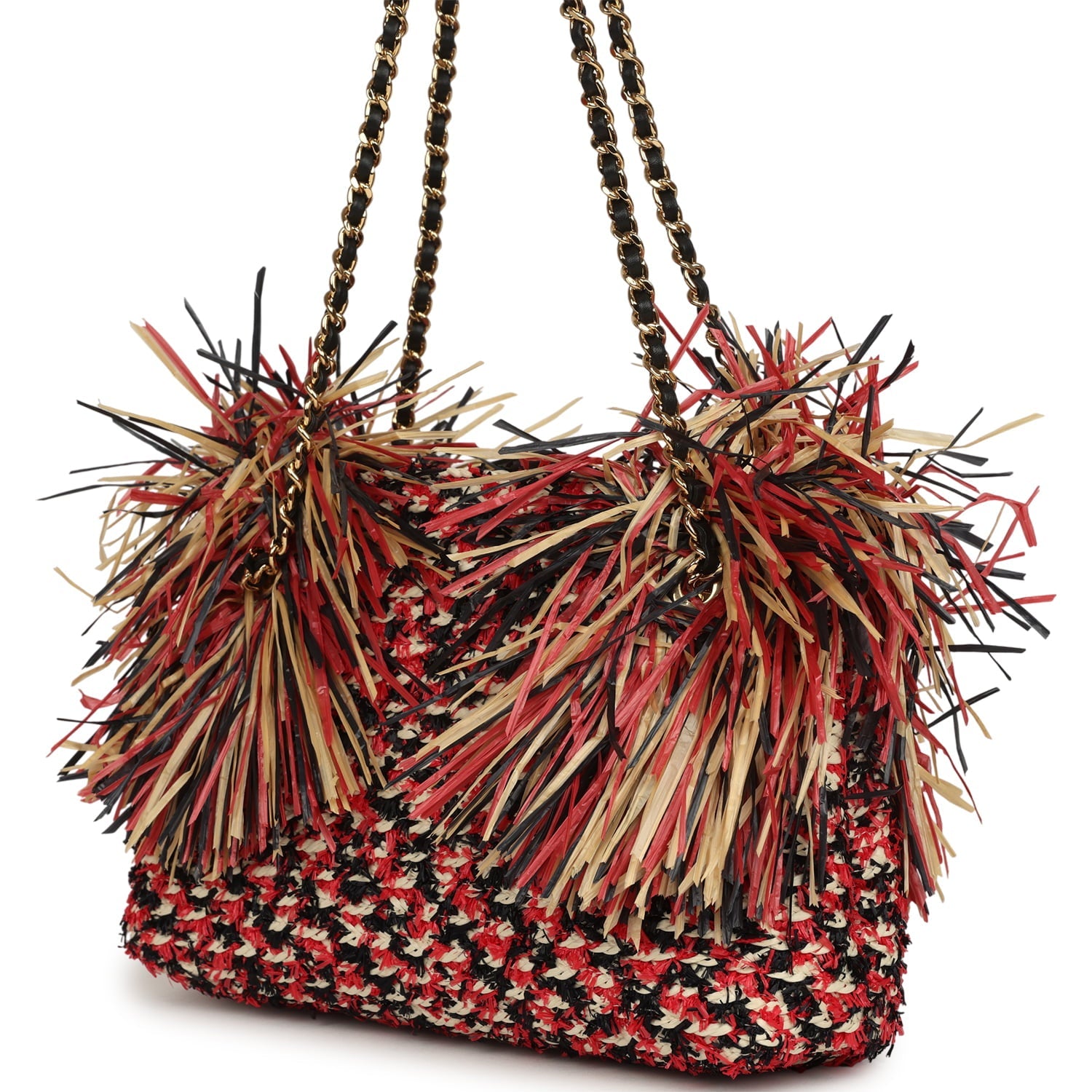 Chanel Small CC Shopping Bag Red, Beige, Black Braided Raffia Gold Hardware