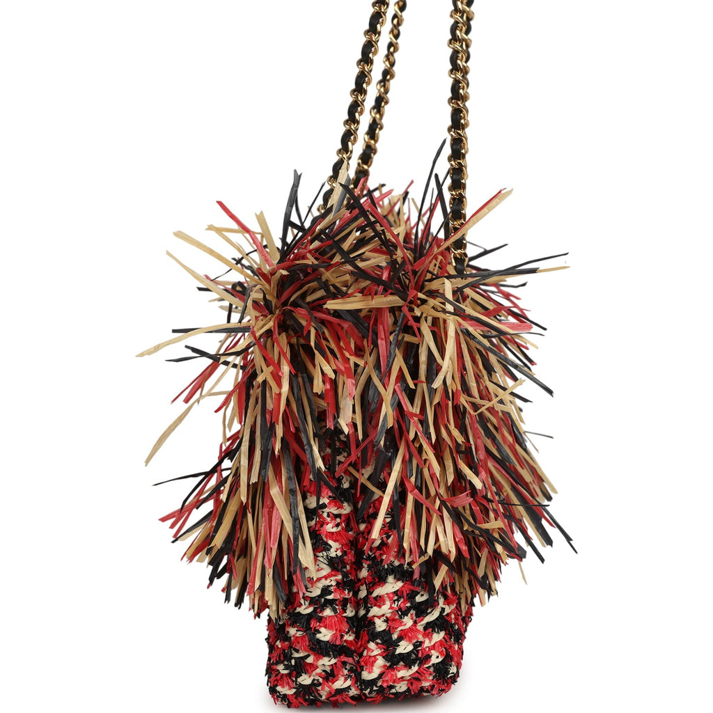 Chanel Small CC Shopping Bag Red, Beige, Black Braided Raffia Gold Hardware